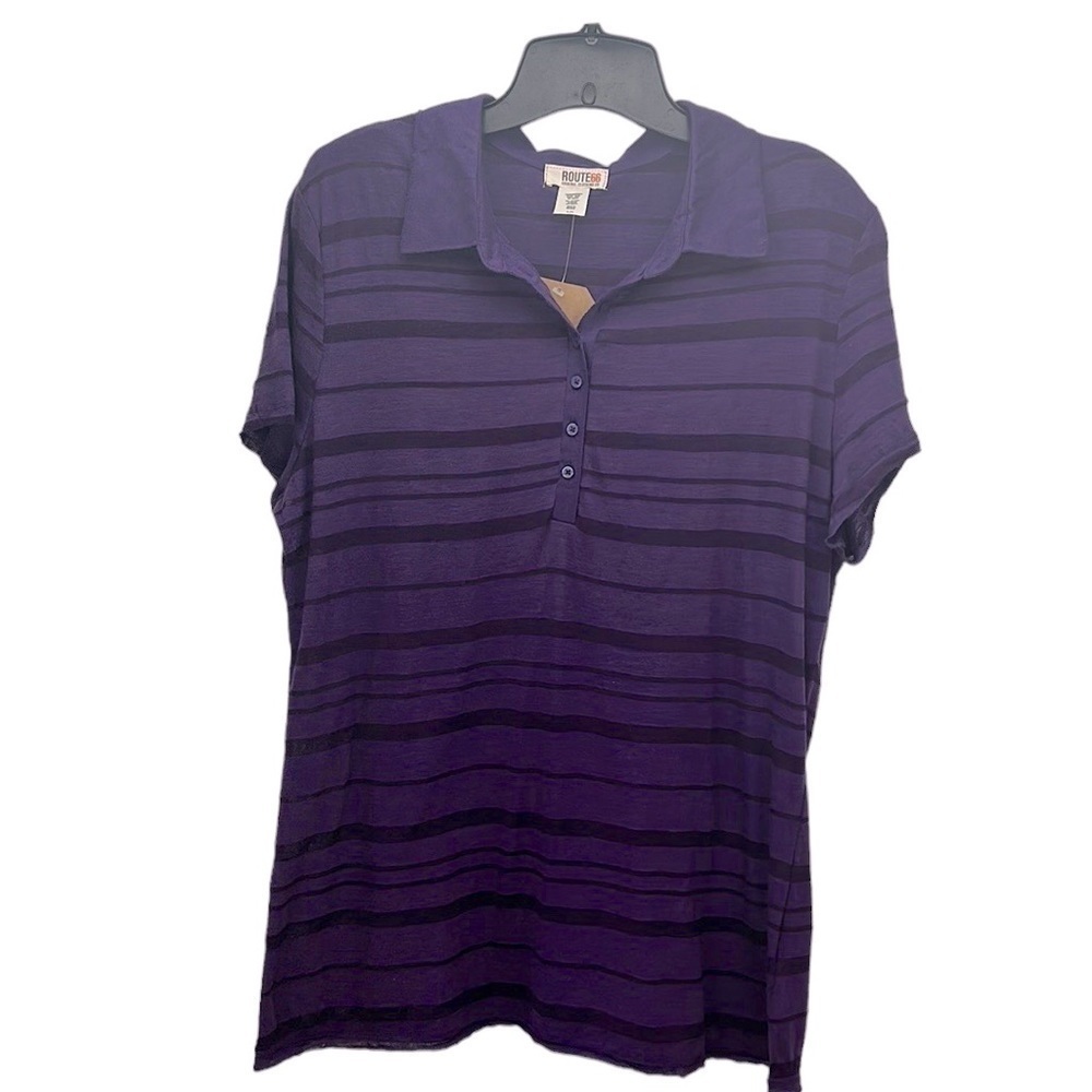 Vtg Route 66 Purple Striped Polo Top XL Soft Lightweight Short Sleeves Casual